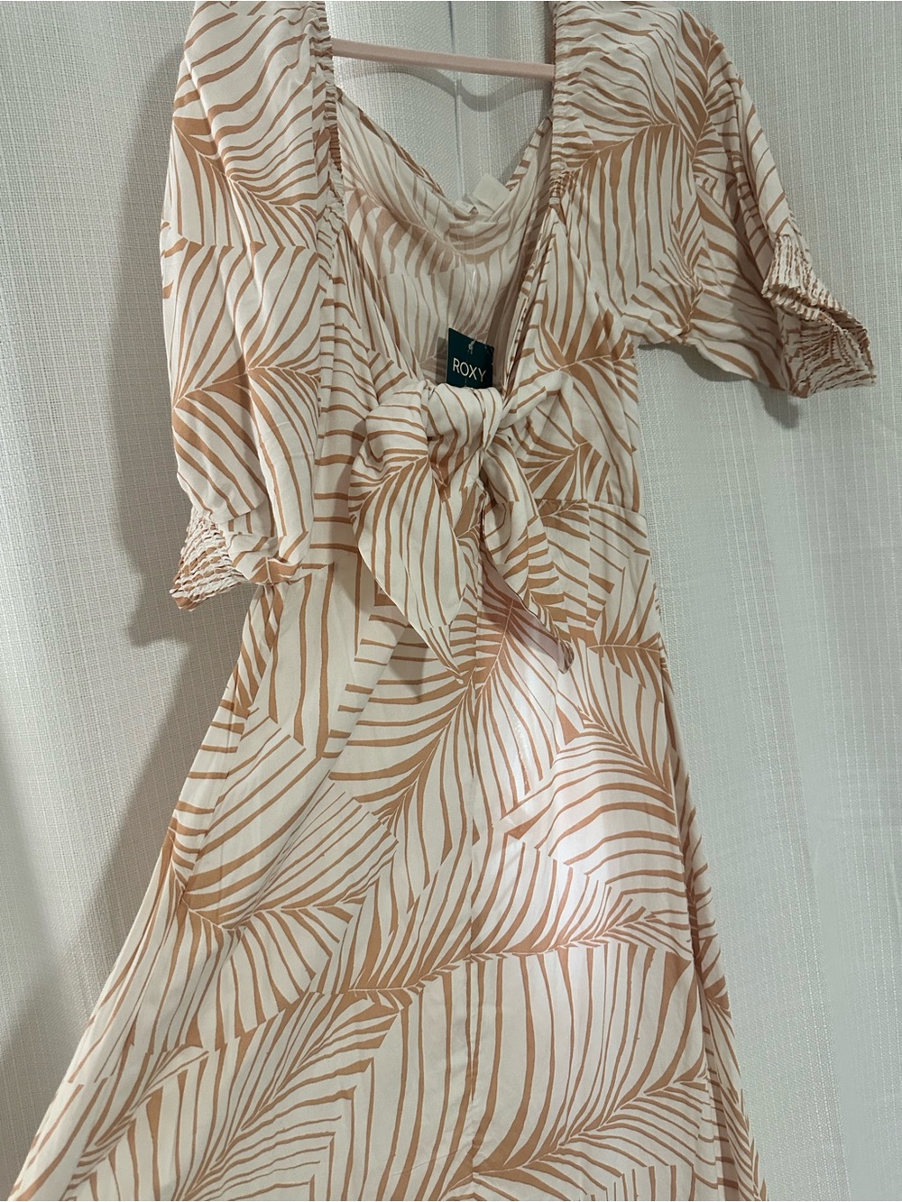Roxy Cream Dress with Tan Leaf Print and Tie-Front